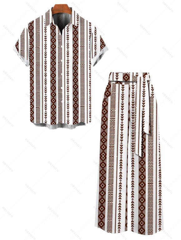 Casual Couple Outfit Geometric Ethnic Print Tied Pocket Straight Pants and Shirt Set - Brun S | US 4