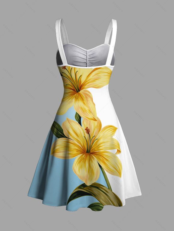 Vacation Couple Outfit Ombre Lily Floral Leaf Print Ruched Bust Mini Dress and Shirt Set - Bleu clair S | US 4