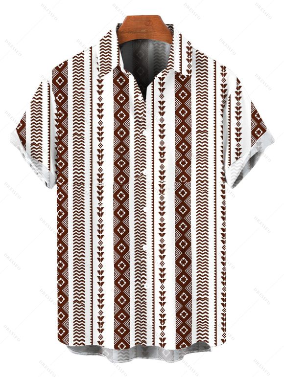 Casual Couple Outfit Geometric Ethnic Print Tied Pocket Straight Pants and Shirt Set - Brun S | US 4