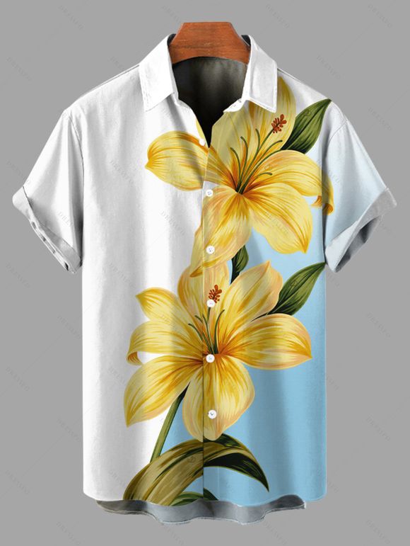 Vacation Couple Outfit Ombre Lily Floral Leaf Print Ruched Bust Mini Dress and Shirt Set - Bleu clair S | US 4