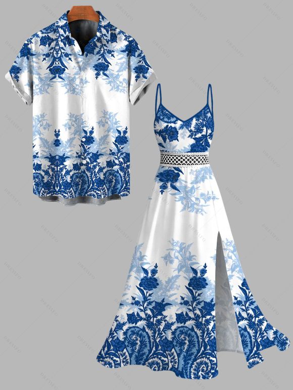 Vacation Couple Outfit Chinese Porcelain Style Floral Print Lace Hollow Out Spaghetti Strap Slit Dress and Shirt Set - Bleu S | US 4