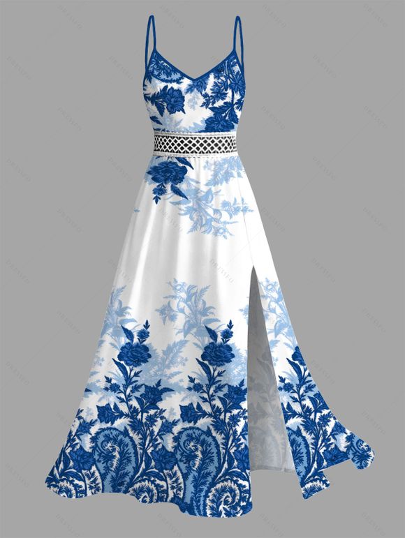 Vacation Couple Outfit Chinese Porcelain Style Floral Print Lace Hollow Out Spaghetti Strap Slit Dress and Shirt Set - Bleu S | US 4