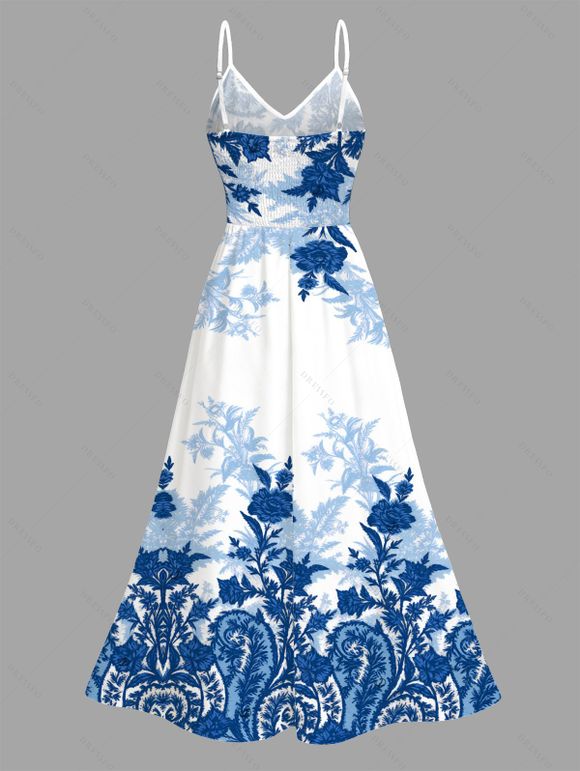 Vacation Couple Outfit Chinese Porcelain Style Floral Print Lace Hollow Out Spaghetti Strap Slit Dress and Shirt Set - Bleu S | US 4