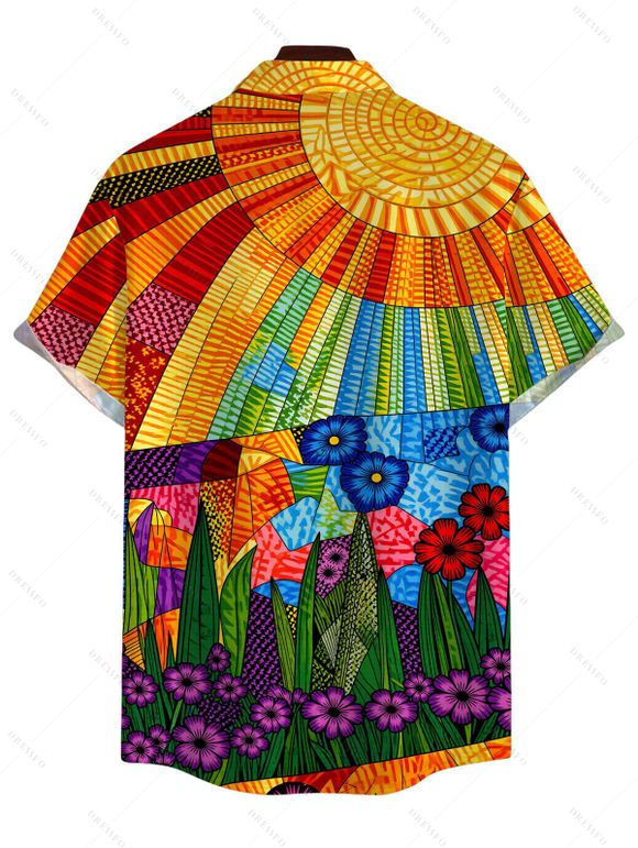Men's Bohemian Vacation Shirt Multicolor Geometric Sunflower Print Button Up Shirt - multicolor 5XL