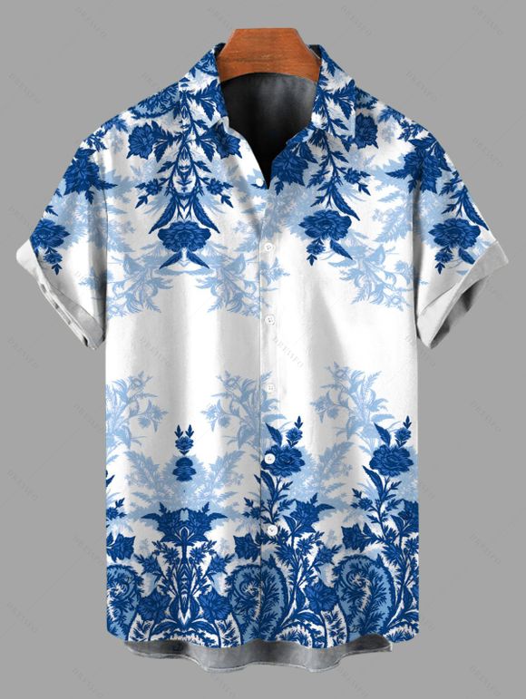 Vacation Couple Outfit Chinese Porcelain Style Floral Print Lace Hollow Out Spaghetti Strap Slit Dress and Shirt Set - Bleu S | US 4