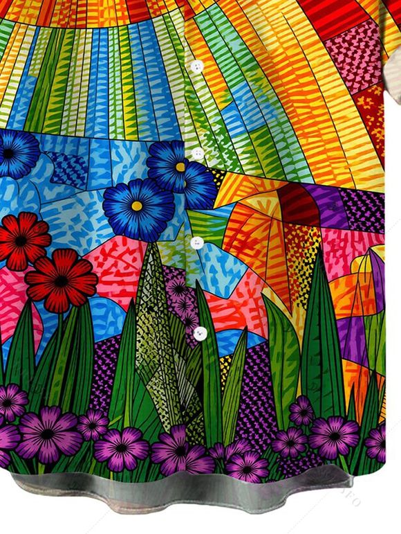 Men's Bohemian Vacation Shirt Multicolor Geometric Sunflower Print Button Up Shirt - multicolor 5XL