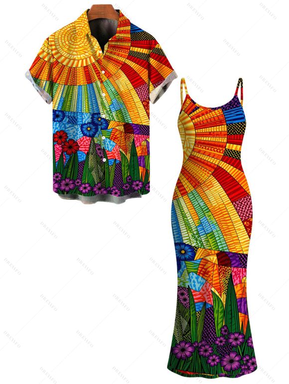 Bohemian Vacation Couple Outfit Multicolor Geometric Sunflower Print Spaghetti Strap Maxi Bodycon Dress and Shirt Set - multicolor S | US 4