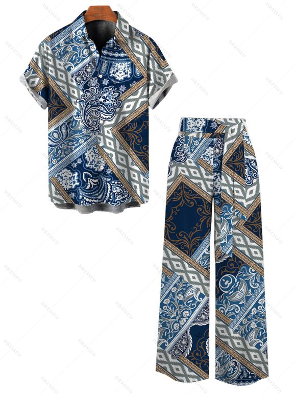 Bohemian Couple Outfit Paisley Geometric Print Tied Pocket Straight Pants and Shirt Set - Bleu Marine S | US 4