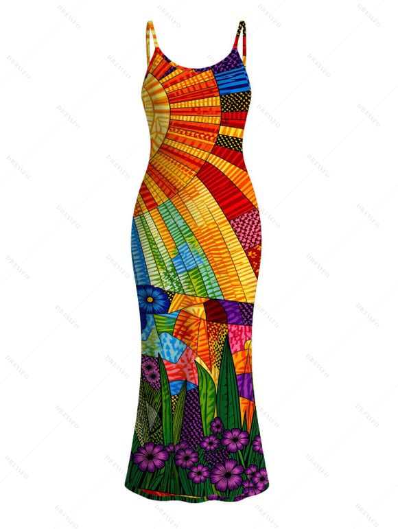 Bohemian Vacation Couple Outfit Multicolor Geometric Sunflower Print Spaghetti Strap Maxi Bodycon Dress and Shirt Set - multicolor S | US 4