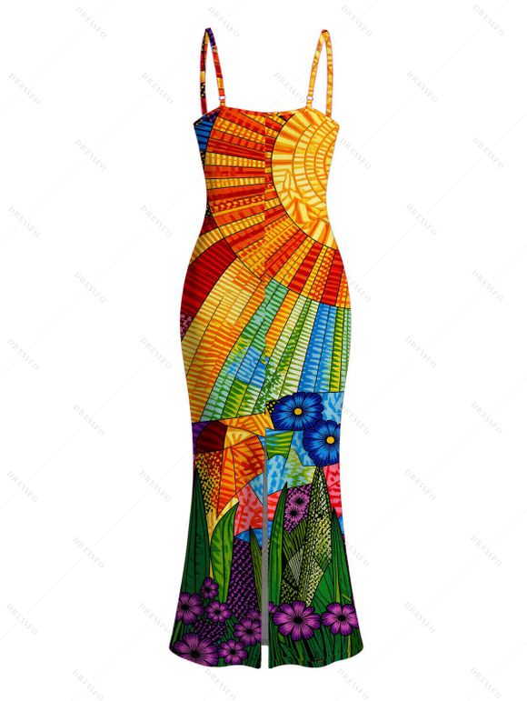 Bohemian Vacation Couple Outfit Multicolor Geometric Sunflower Print Spaghetti Strap Maxi Bodycon Dress and Shirt Set - multicolor S | US 4