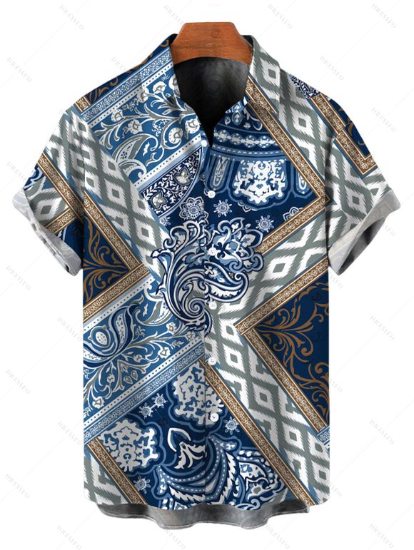 Bohemian Couple Outfit Paisley Geometric Print Tied Pocket Straight Pants and Shirt Set - Bleu Marine S | US 4