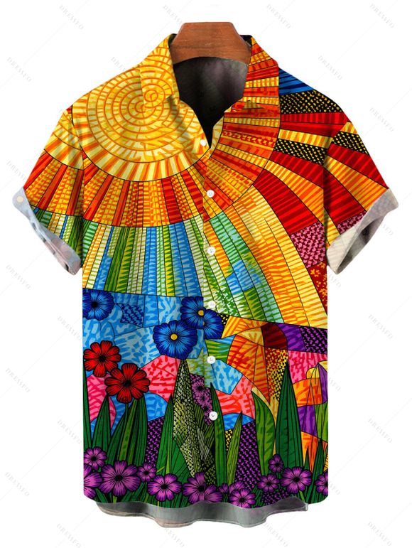 Bohemian Vacation Couple Outfit Multicolor Geometric Sunflower Print Spaghetti Strap Maxi Bodycon Dress and Shirt Set - multicolor S | US 4