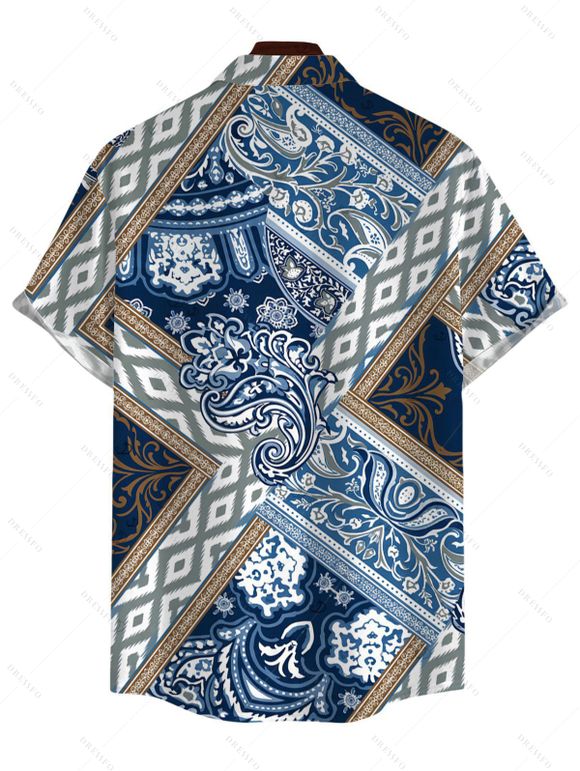 Bohemian Couple Outfit Paisley Geometric Print Tied Pocket Straight Pants and Shirt Set - Bleu Marine S | US 4