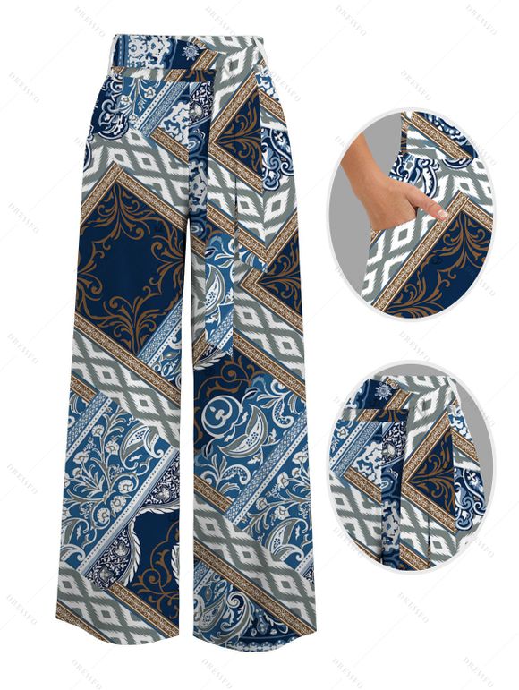 Bohemian Couple Outfit Paisley Geometric Print Tied Pocket Straight Pants and Shirt Set - Bleu Marine S | US 4