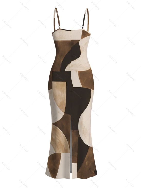 Vintage Dress Colorblock Irregular Abstract Geometric Print Spaghetti Strap Maxi Bodycon Dress - Café profond XXL | US 14