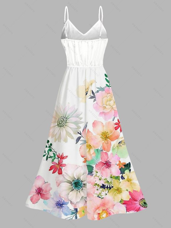 Vacation Dress Watercolor Floral Print Lace Hollow Out Spaghetti Strap Slit Dress - Blanc XXXXXL | US 20