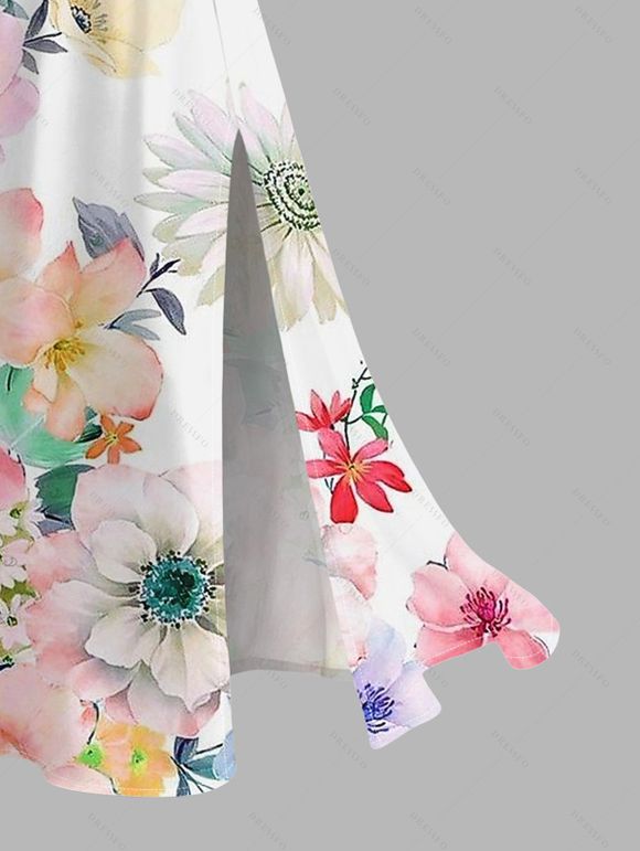 Vacation Dress Watercolor Floral Print Lace Hollow Out Spaghetti Strap Slit Dress - Blanc XXXXXL | US 20