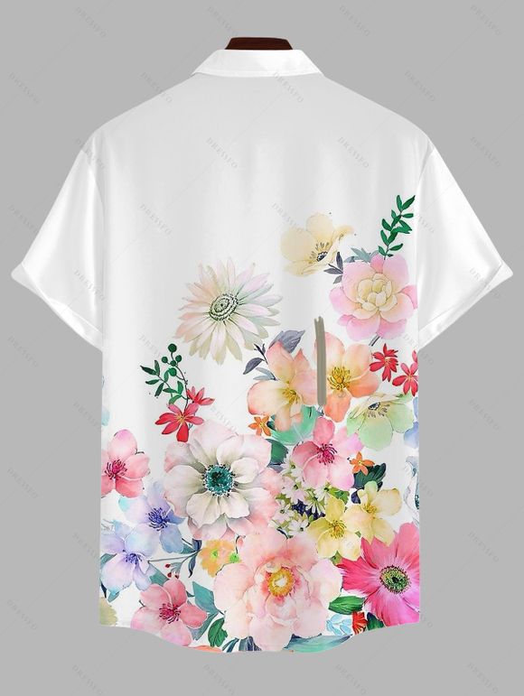 Men's Hawaiian Vacation Shirt Watercolor Floral Print Button Up Shirt - Blanc 5XL
