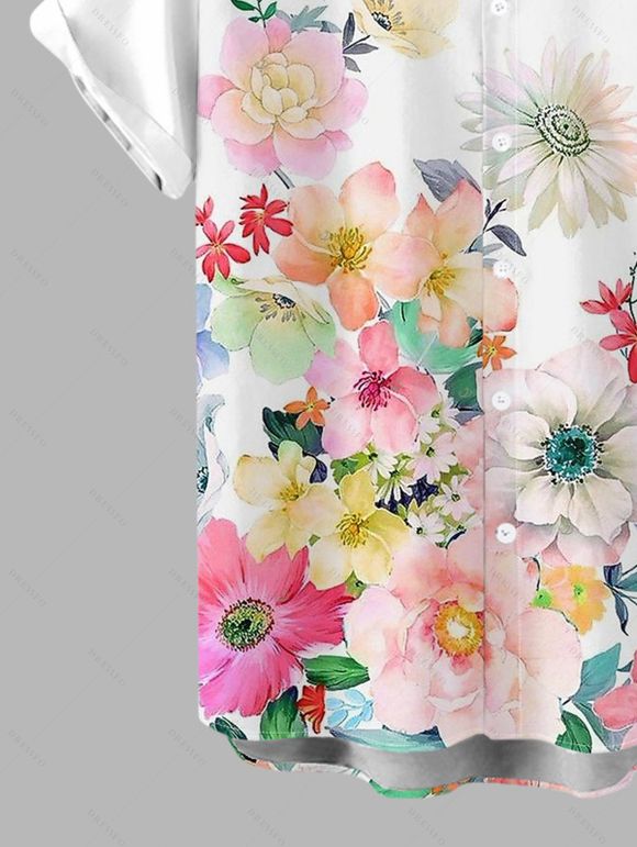 Men's Hawaiian Vacation Shirt Watercolor Floral Print Button Up Shirt - Blanc 5XL