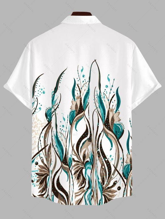 Men's Hawaiian Vacation Shirt Ink Wash Green Foliage Print Button Up Shirt - Blanc 5XL