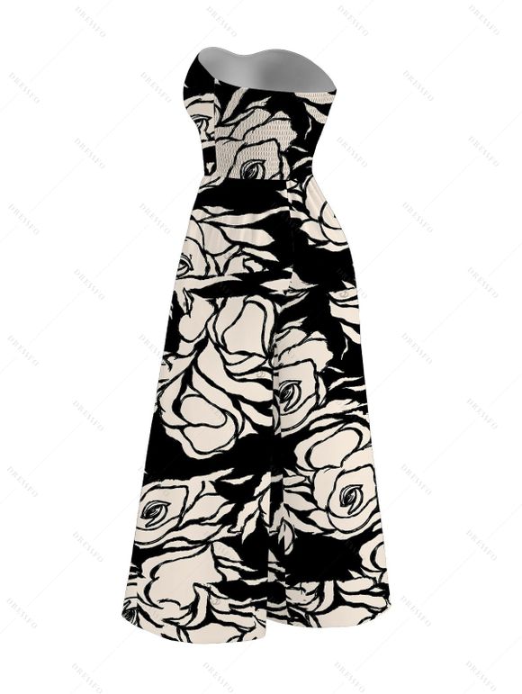 Vacation Jumpsuit Monochrome Hand Drawn Rose Floral Print Bowknot Pocket Off the Shoulder Jumpsuit - Noir XXL | US 14