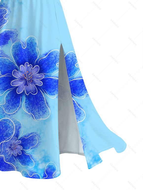 Hawaiian Vacation Dress Irregular Watercolor Floral Print Lace Hollow Out Spaghetti Strap Slit Dress - Bleu Toile de Jean XXXXXL | US 20