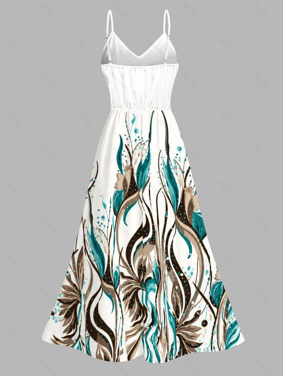 Hawaiian Vacation Dress Ink Wash Green Foliage Print Lace Hollow Out Spaghetti Strap Slit Dress - Blanc XXXXXL | US 20