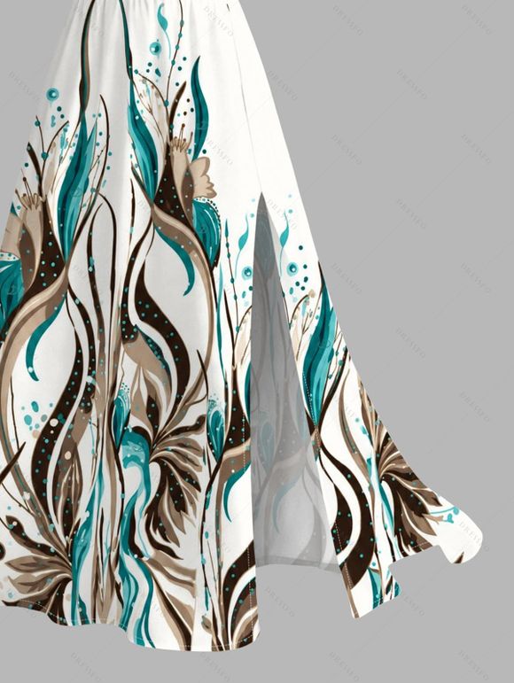 Hawaiian Vacation Dress Ink Wash Green Foliage Print Lace Hollow Out Spaghetti Strap Slit Dress - Blanc XXXXXL | US 20