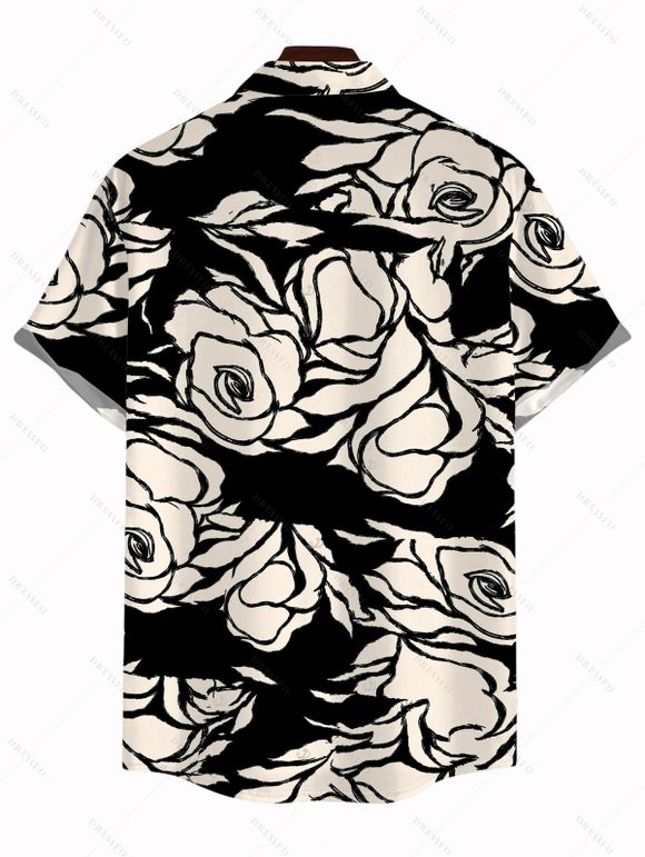 Men's Vacation Shirt Monochrome Hand Drawn Rose Floral Print Button Up Shirt - Noir 5XL