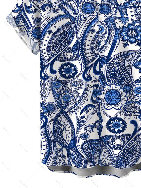 Men's Bohemian Vacation Shirt Porcelain Paisley Print Button Up Shirt - Bleu profond 5XL