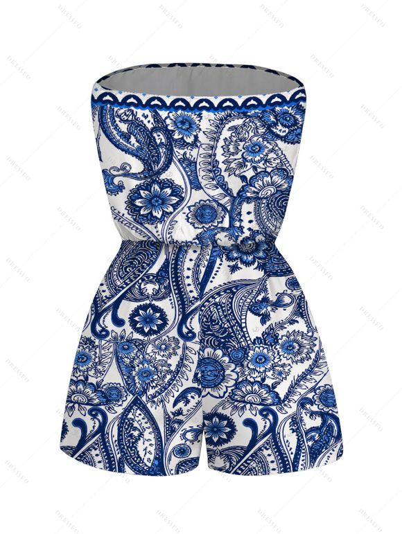 Bohemian Vacation Romper Porcelain Paisley Print Pocket Off the Shoulder Romper - Bleu profond XXL | US 14
