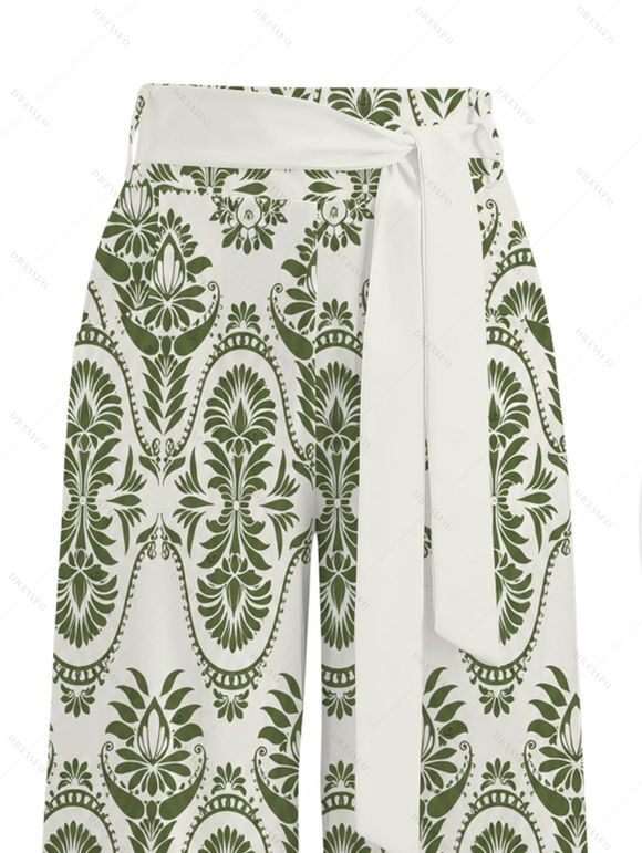 Bohemian Vacation Pants Geometric Plant Print Tied Pocket Straight Pants - PLANT GREEN S | US 4