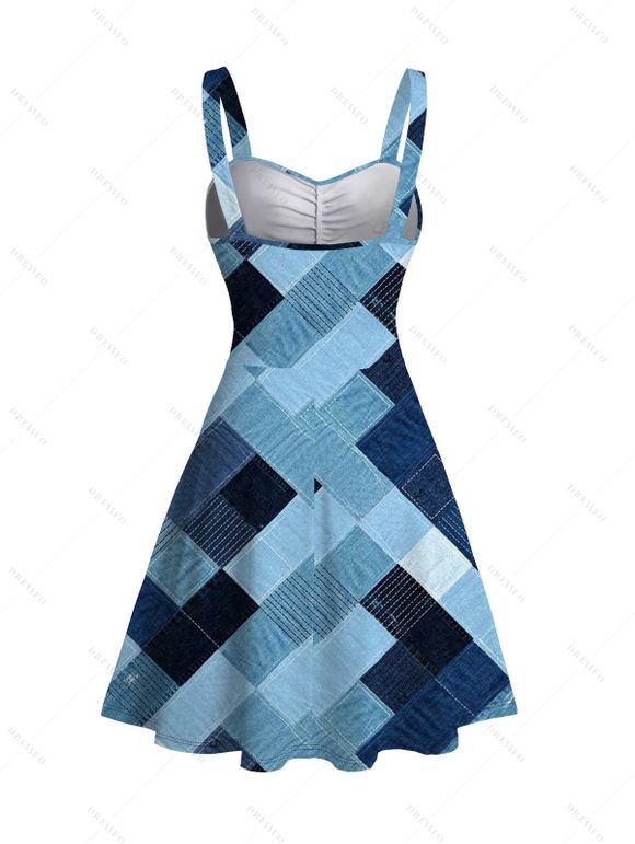 Vintage Dress Faux Denim Geometric Patchwork Print Ruched Bust Mini Dress - Bleu Toile de Jean XXXXXL | US 20
