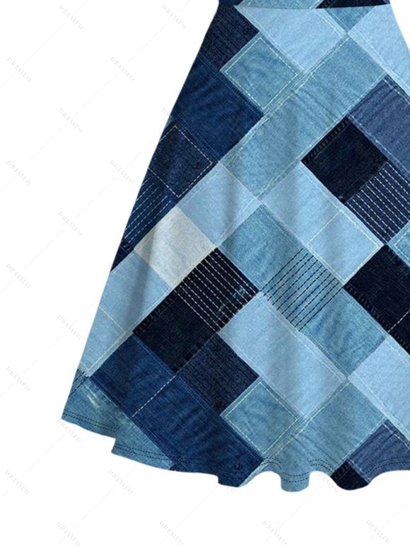 Vintage Dress Faux Denim Geometric Patchwork Print Ruched Bust Mini Dress - Bleu Toile de Jean XXXXXL | US 20