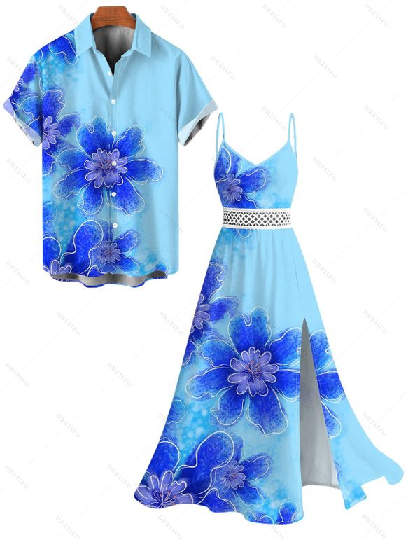 Hawaiian Vacation Couple Outfit Irregular Watercolor Floral Print Lace Hollow Out Spaghetti Strap Slit Dress and Shirt Set - Bleu Toile de Jean S | US 4