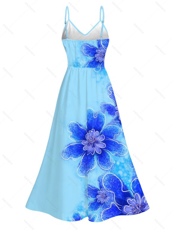 Hawaiian Vacation Couple Outfit Irregular Watercolor Floral Print Lace Hollow Out Spaghetti Strap Slit Dress and Shirt Set - Bleu Toile de Jean S | US 4
