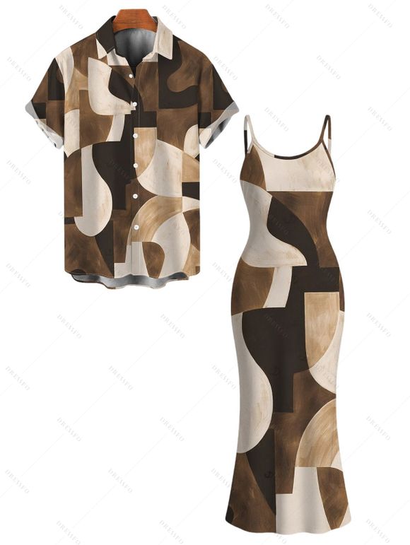 Vintage Couple Outfit Colorblock Irregular Abstract Geometric Print Spaghetti Strap Maxi Bodycon Dress and Shirt Set - Café profond S | US 4