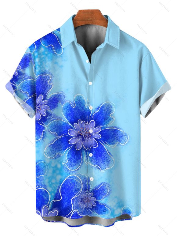 Hawaiian Vacation Couple Outfit Irregular Watercolor Floral Print Lace Hollow Out Spaghetti Strap Slit Dress and Shirt Set - Bleu Toile de Jean S | US 4