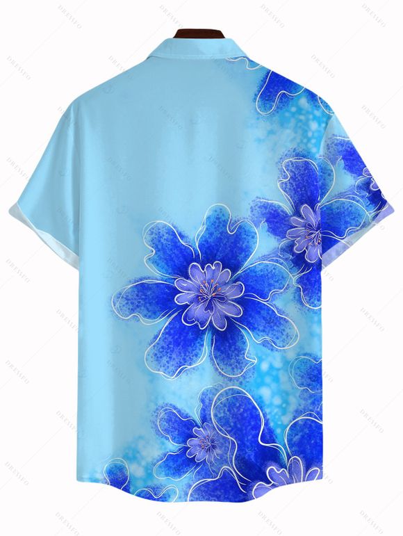 Hawaiian Vacation Couple Outfit Irregular Watercolor Floral Print Lace Hollow Out Spaghetti Strap Slit Dress and Shirt Set - Bleu Toile de Jean S | US 4