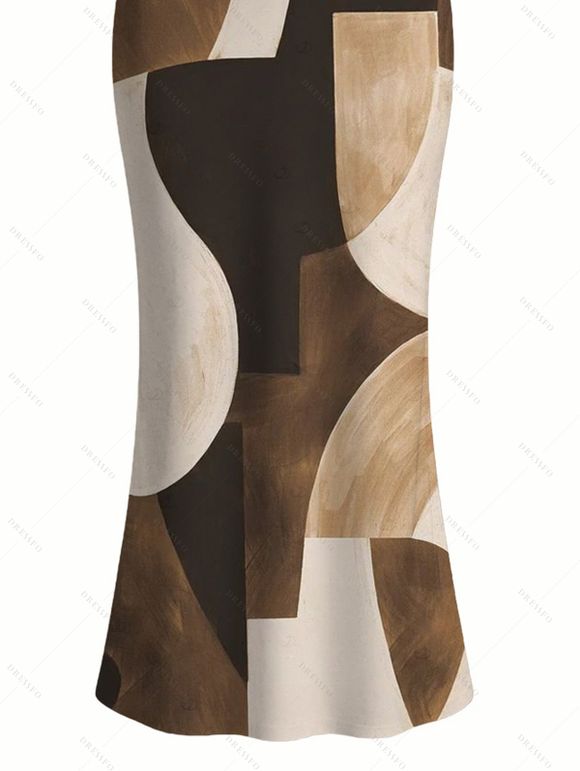 Vintage Couple Outfit Colorblock Irregular Abstract Geometric Print Spaghetti Strap Maxi Bodycon Dress and Shirt Set - Café profond S | US 4