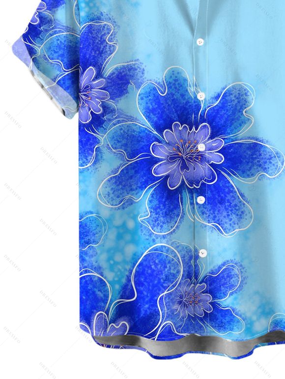 Hawaiian Vacation Couple Outfit Irregular Watercolor Floral Print Lace Hollow Out Spaghetti Strap Slit Dress and Shirt Set - Bleu Toile de Jean S | US 4