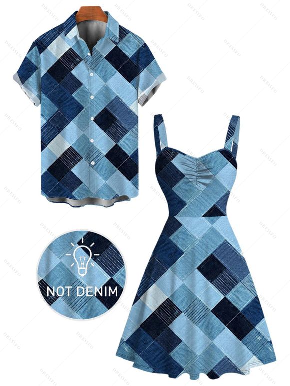 Vintage Couple Outfit Faux Denim Geometric Patchwork Print Ruched Bust Mini Dress and Shirt Set - Bleu Toile de Jean S | US 4
