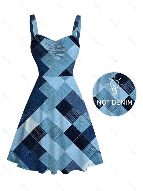 Vintage Couple Outfit Faux Denim Geometric Patchwork Print Ruched Bust Mini Dress and Shirt Set - Bleu Toile de Jean S | US 4