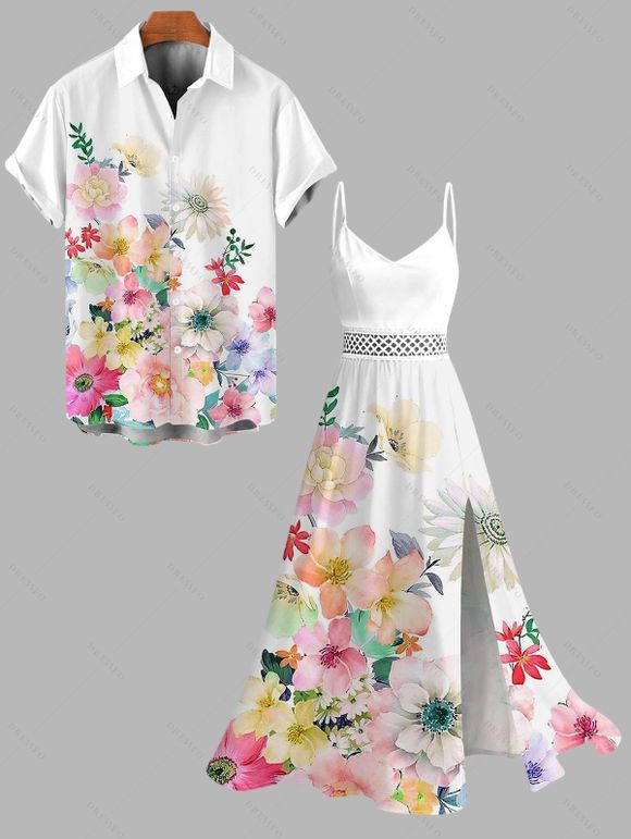 Hawaiian Vacation Couple Outfit Watercolor Floral Print Lace Hollow Out Spaghetti Strap Slit Dress and Shirt Set - Blanc S | US 4