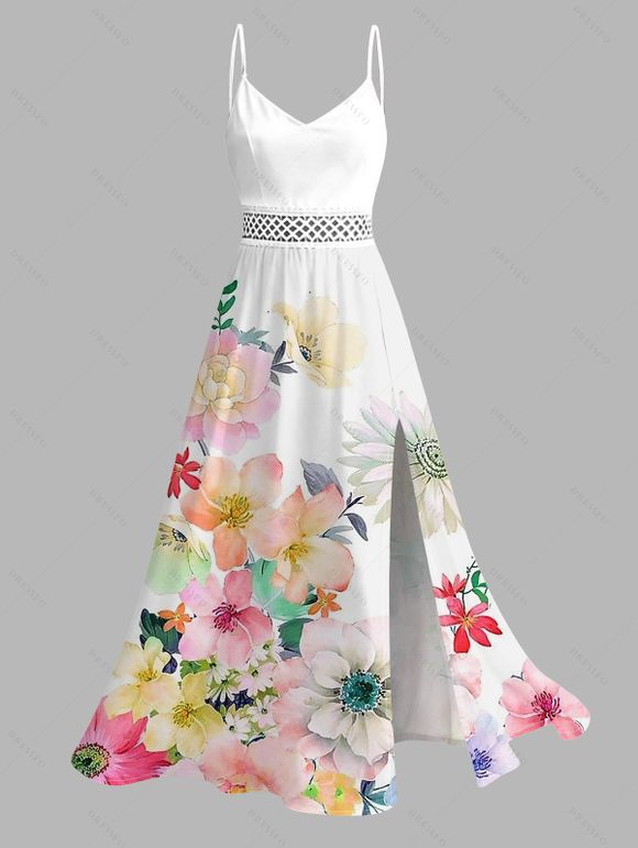 Hawaiian Vacation Couple Outfit Watercolor Floral Print Lace Hollow Out Spaghetti Strap Slit Dress and Shirt Set - Blanc S | US 4