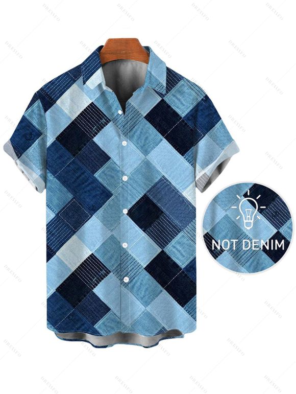 Vintage Couple Outfit Faux Denim Geometric Patchwork Print Ruched Bust Mini Dress and Shirt Set - Bleu Toile de Jean S | US 4