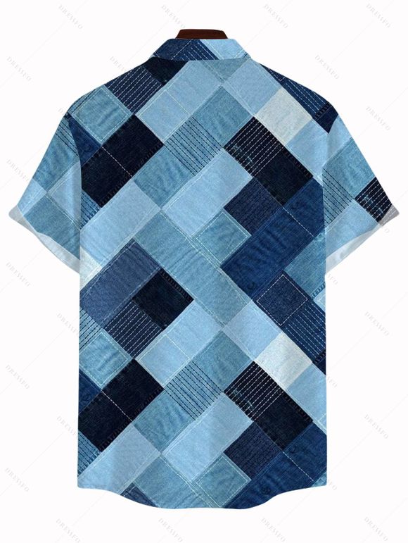 Vintage Couple Outfit Faux Denim Geometric Patchwork Print Ruched Bust Mini Dress and Shirt Set - Bleu Toile de Jean S | US 4