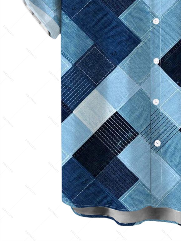Vintage Couple Outfit Faux Denim Geometric Patchwork Print Ruched Bust Mini Dress and Shirt Set - Bleu Toile de Jean S | US 4