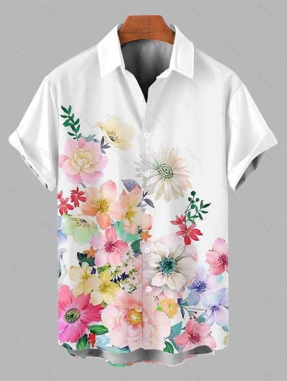 Hawaiian Vacation Couple Outfit Watercolor Floral Print Lace Hollow Out Spaghetti Strap Slit Dress and Shirt Set - Blanc S | US 4