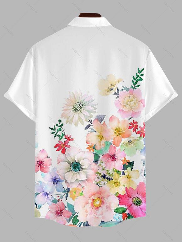 Hawaiian Vacation Couple Outfit Watercolor Floral Print Lace Hollow Out Spaghetti Strap Slit Dress and Shirt Set - Blanc S | US 4